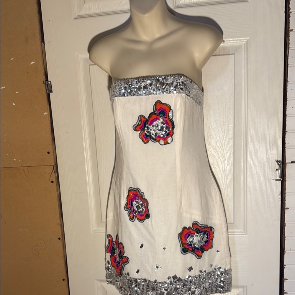 French Connection White Strapless Dress with Silver and Red Accents
